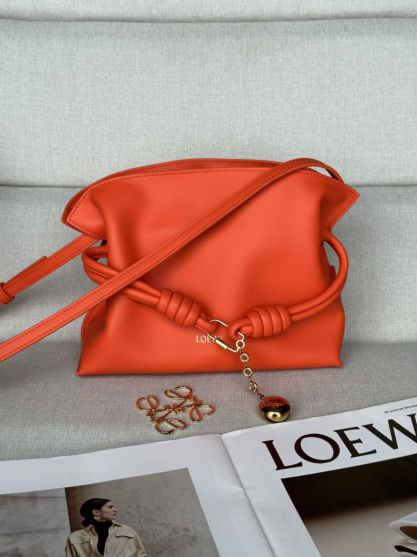 LOEWE 11050S New version with hot gold logo Vibrant Orange bag comes with a long shoulder strap in miniature nappa cowhide leather