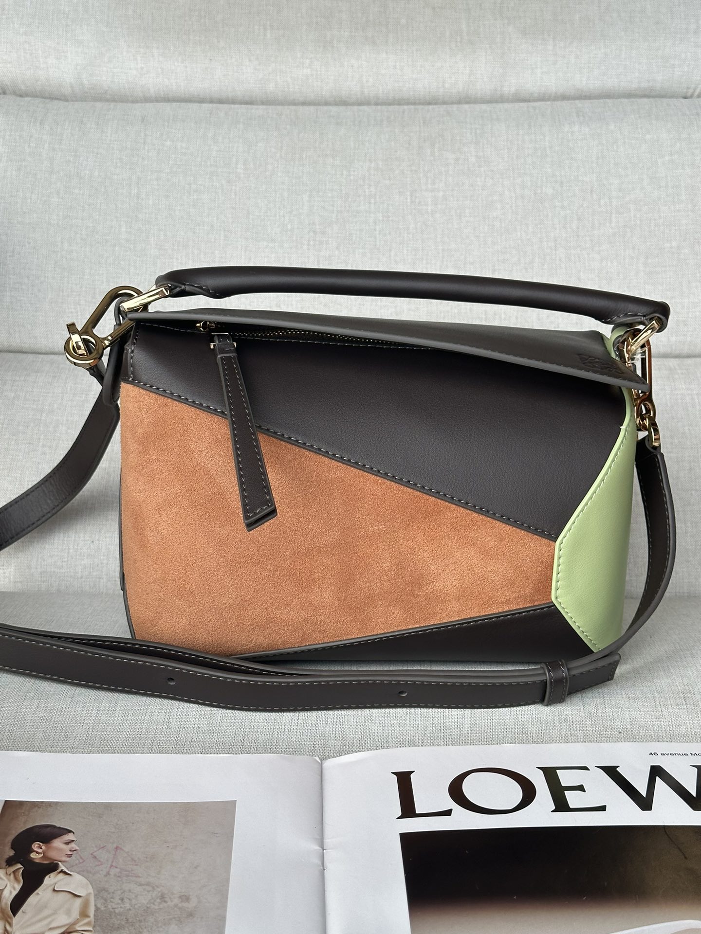 LOEWE 3001B Puzzle Edge Handbag Small 24cm Light Pear Brown Rectangle Cowhide Leather Shoulder Bag Crossbody