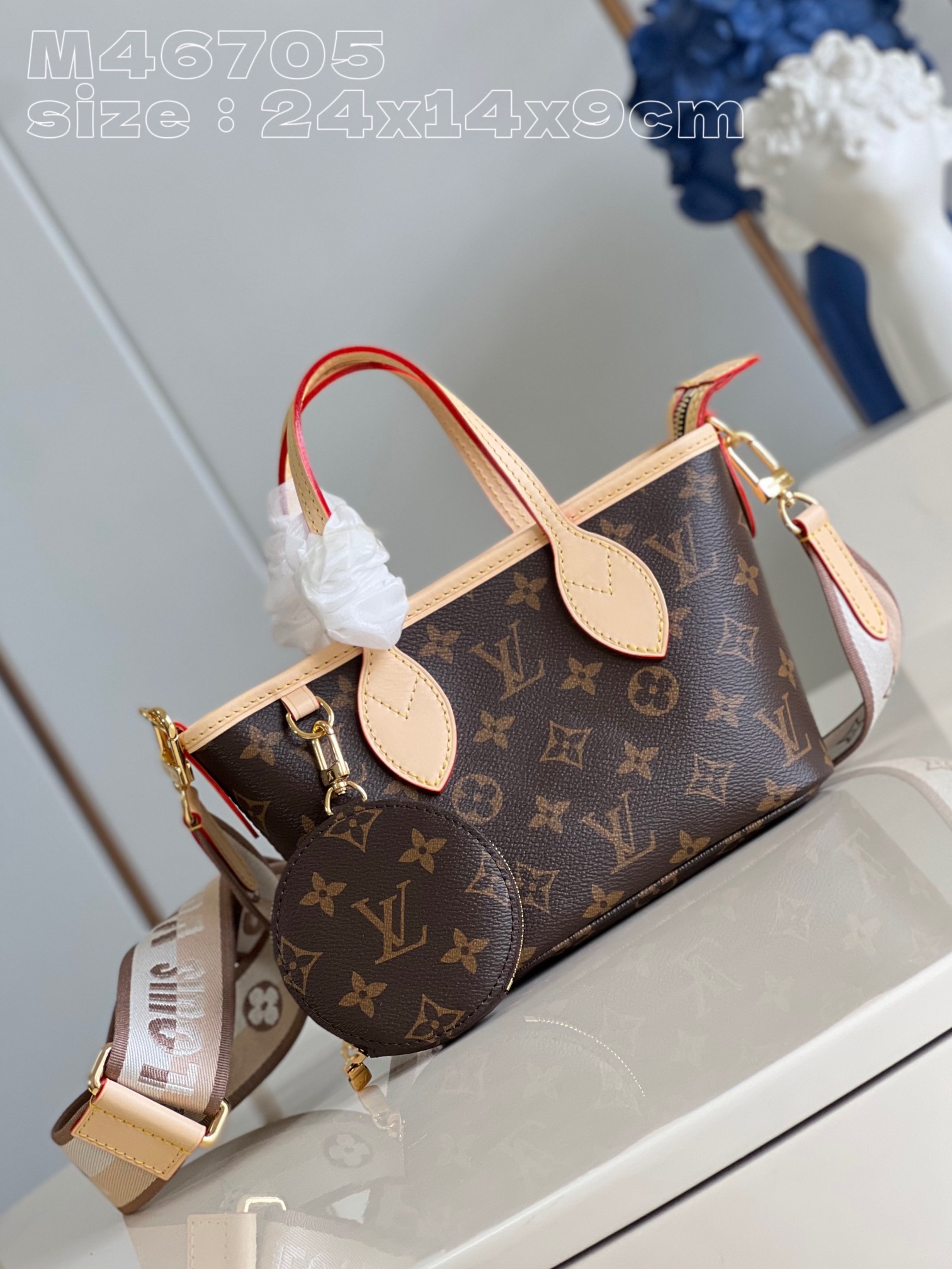 Louis Vuitton M46705 Damier Ebene Neverfull BB bag in canvas with colorful fabric lining and cowhide trimmings