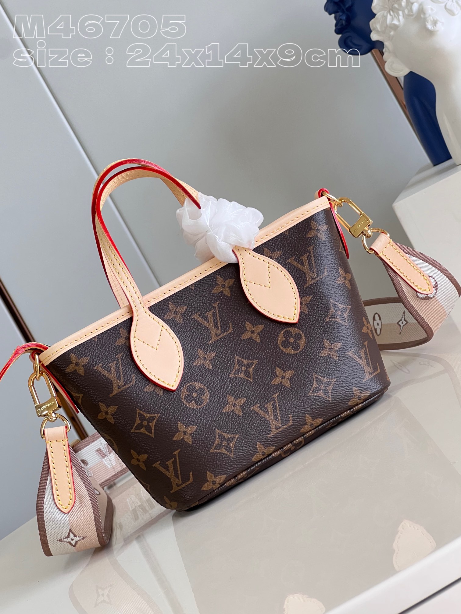 Louis Vuitton M46705 Damier Ebene Neverfull BB bag in canvas with colorful fabric lining and cowhide trimmings