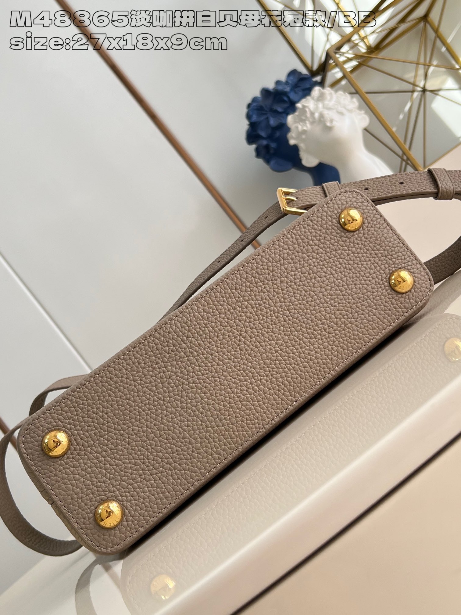 Louis Vuitton M48865 Small Handbag in Capucines BB Calfskin Imported from France in Light Curry with White Mother-of-Pearl Flower Crown