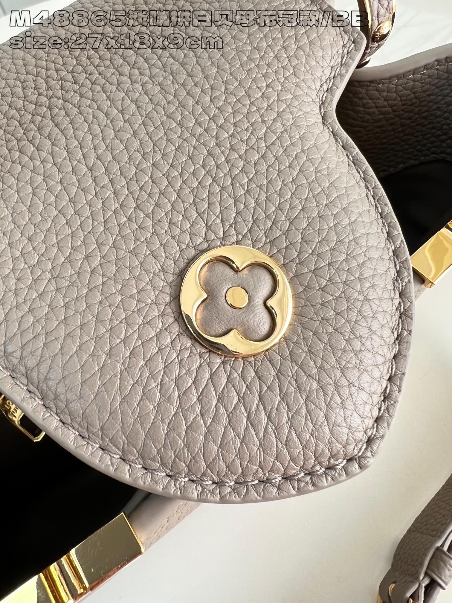 Louis Vuitton M48865 Small Handbag in Capucines BB Calfskin Imported from France in Light Curry with White Mother-of-Pearl Flower Crown