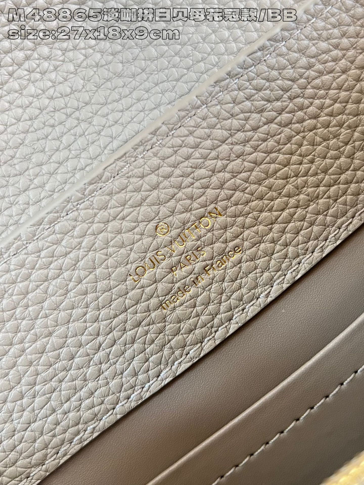 Louis Vuitton M48865 Small Handbag in Capucines BB Calfskin Imported from France in Light Curry with White Mother-of-Pearl Flower Crown