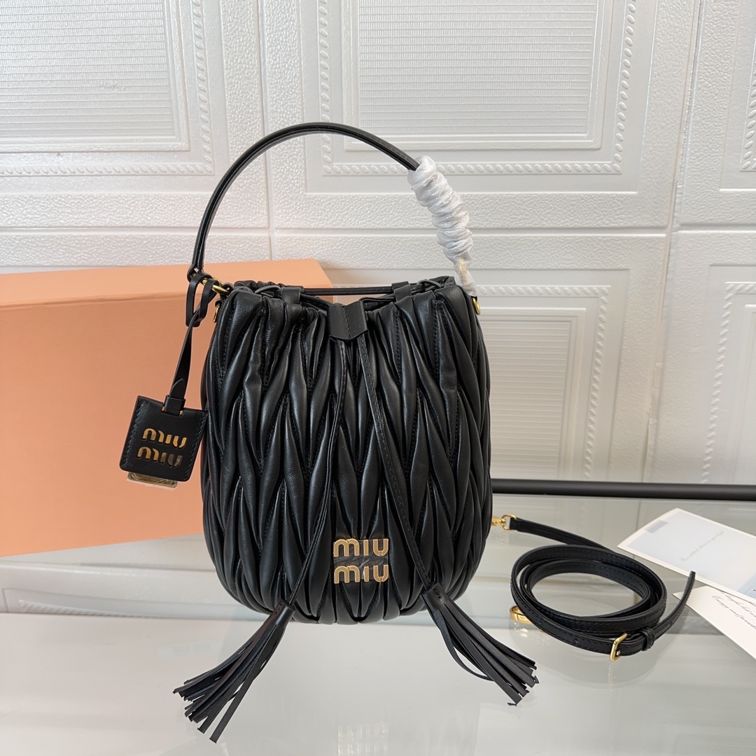 MIUMIU Drawstring Handbag Design Bucket Bag Black