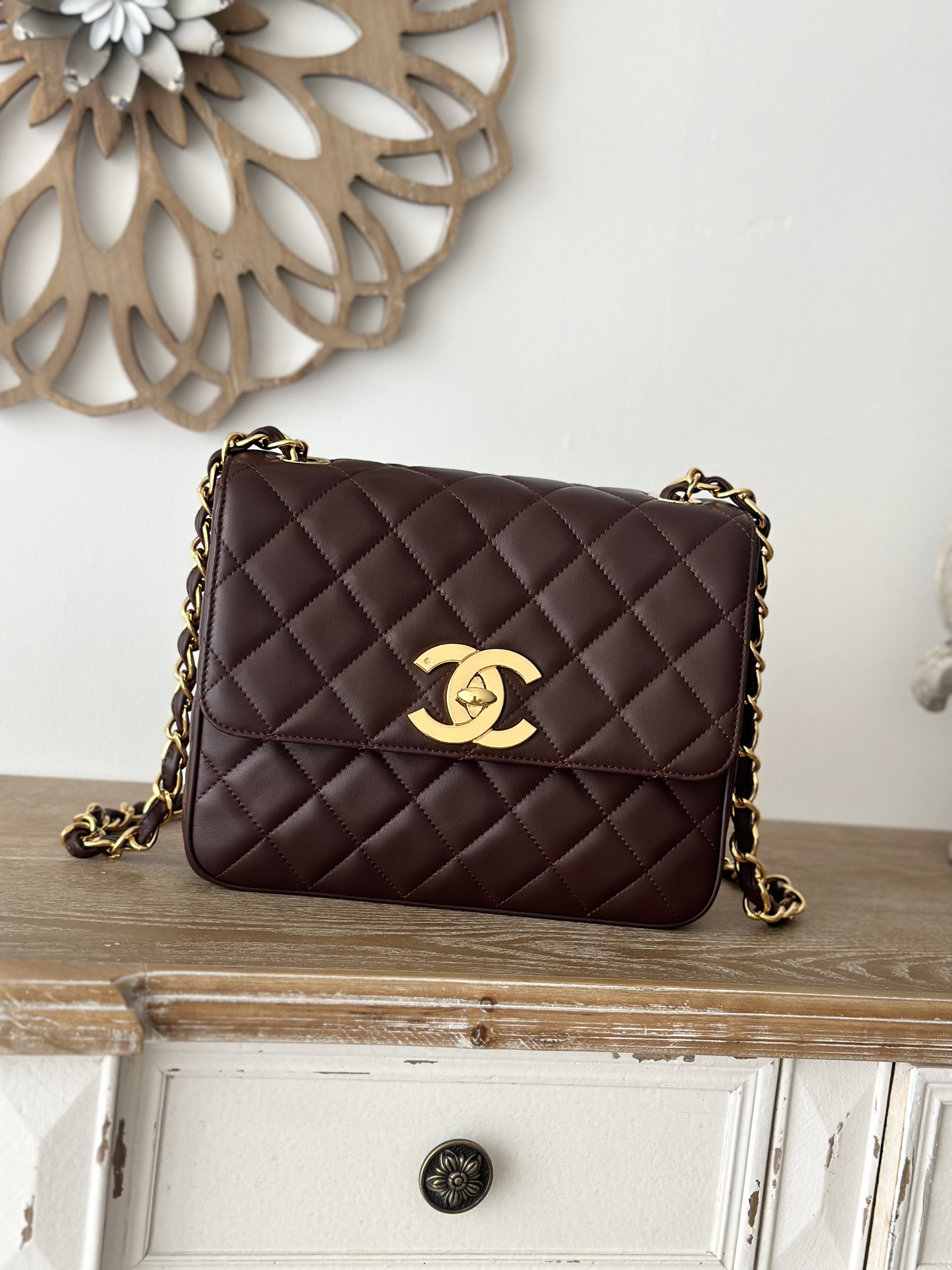 CHANEL A2218 Medium Vertical Brown Sheepskin Crossbody Bag