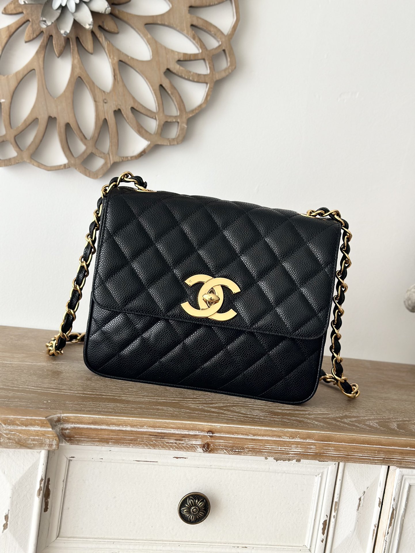 CHANEL A2218 Medium Vertical Black Ball Print Crossbody Bag